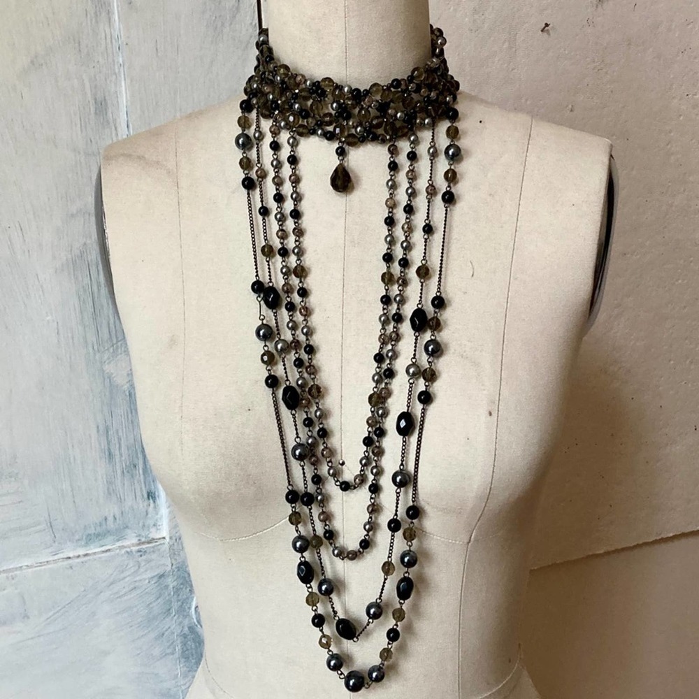 Choker statement necklace Smokey gray black beads long necklace